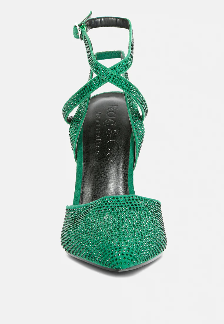 CHARMER Rhinestone Embellished Stiletto Sandals in Green - Image 3