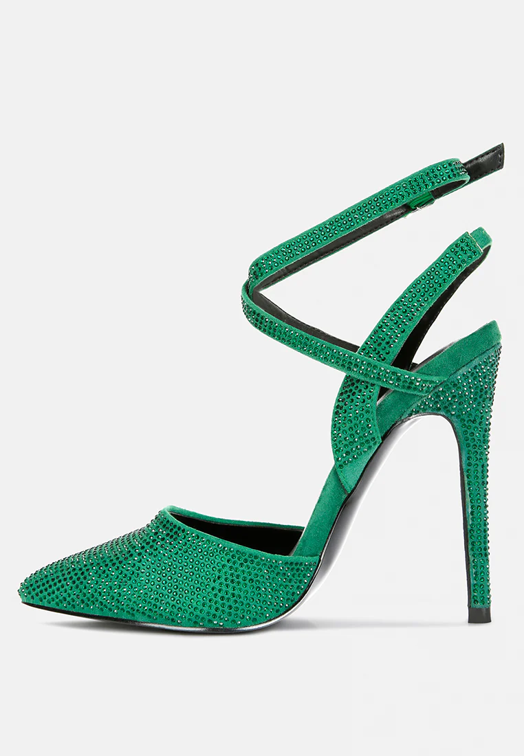 CHARMER Rhinestone Embellished Stiletto Sandals in Green - Image 4