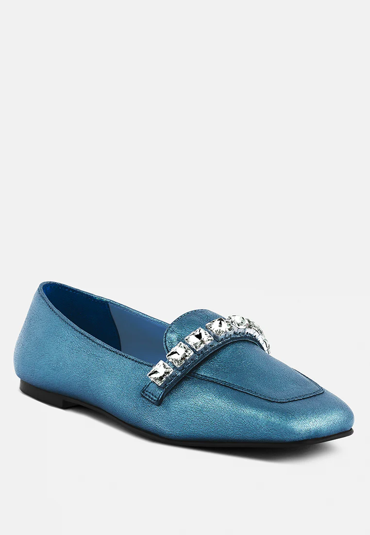 CHURROS Diamante Embellished Metallic Loafers in Blue - Image 3