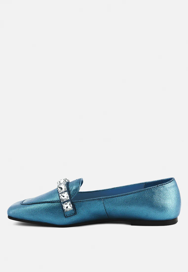 CHURROS Diamante Embellished Metallic Loafers in Blue - Image 4