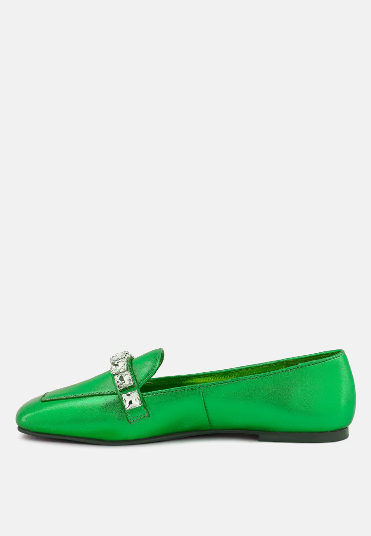 CHURROS Diamante Embellished Metallic Loafers in Green - Image 3