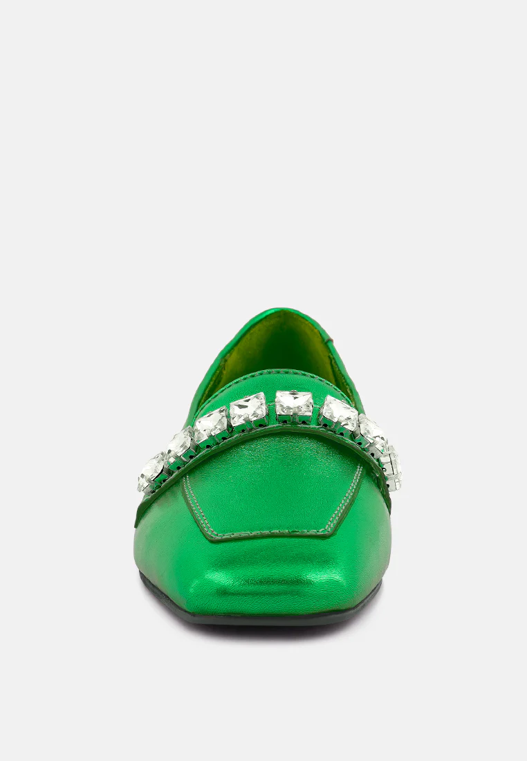 CHURROS Diamante Embellished Metallic Loafers in Green - Image 4