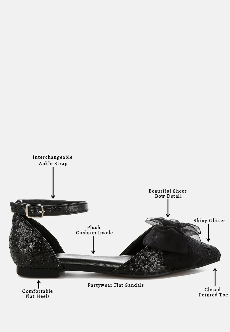 Clarice Sheer Bow Detail Glitter Flat Sandals - Image 25