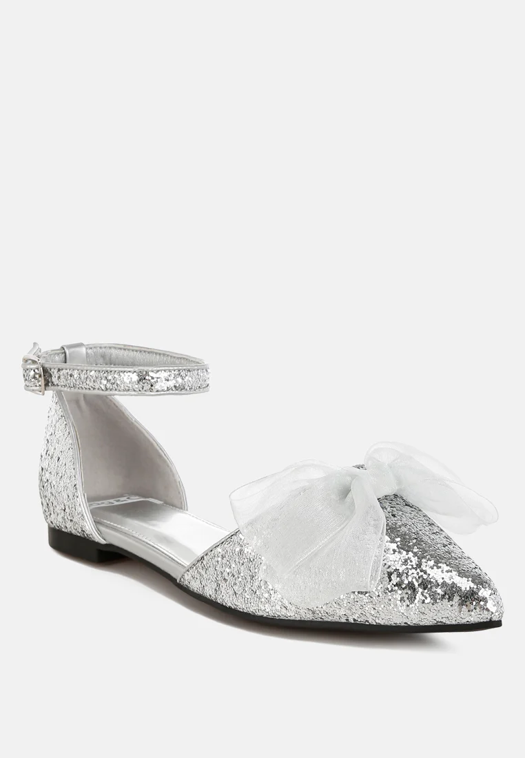 Clarice Sheer Bow Detail Glitter Flat Sandals - Image 9