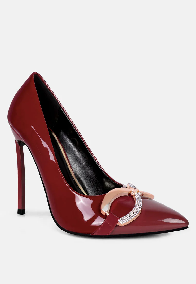 COCKTAIL Buckle Embellished Stiletto Pump Shoes in Burgundy - Image 2