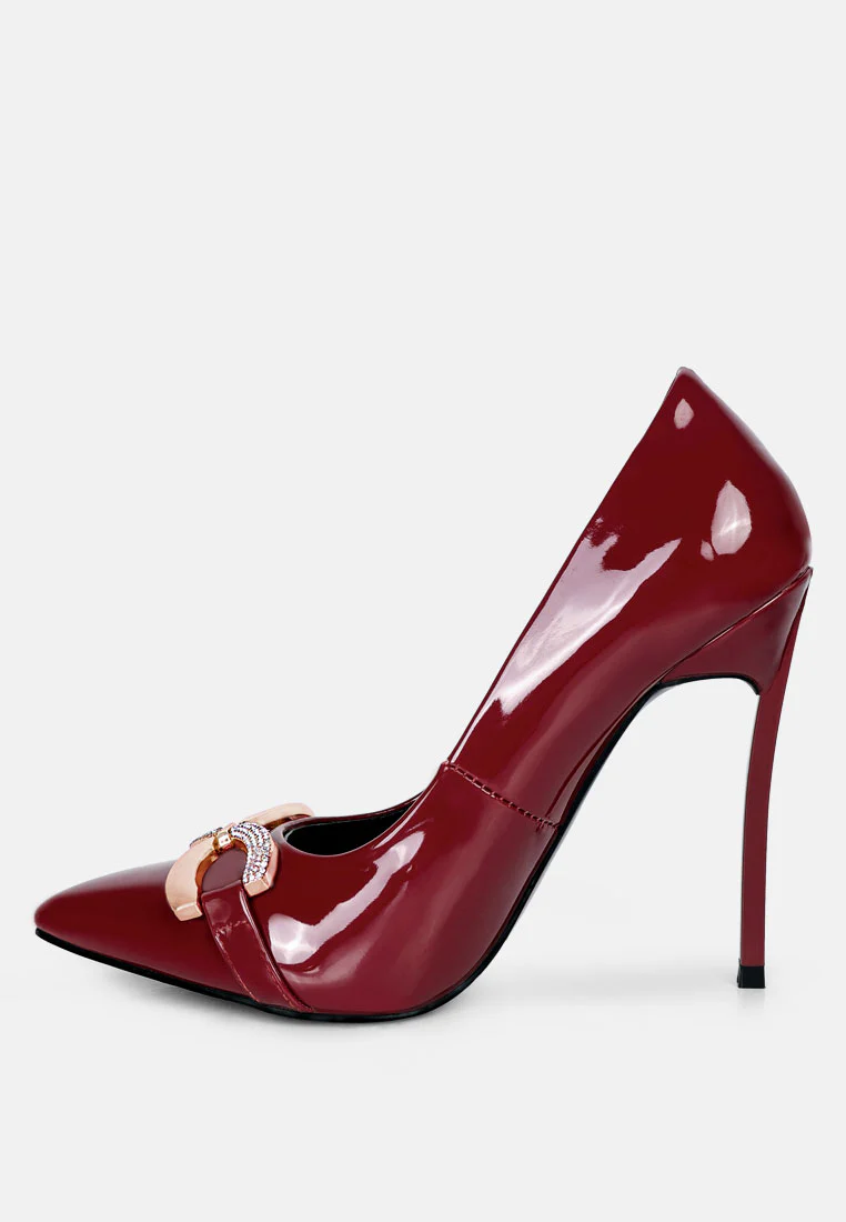COCKTAIL Buckle Embellished Stiletto Pump Shoes in Burgundy - Image 3