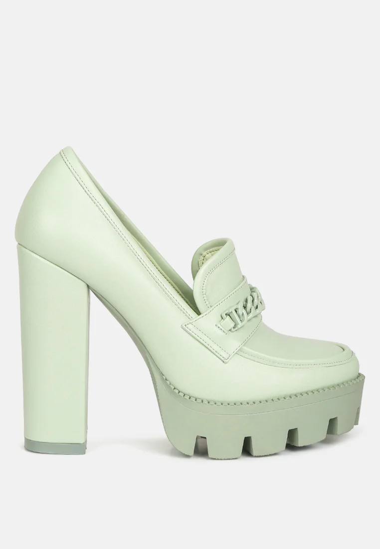 CORINNE Green Chain Embellished Chunky Loafers