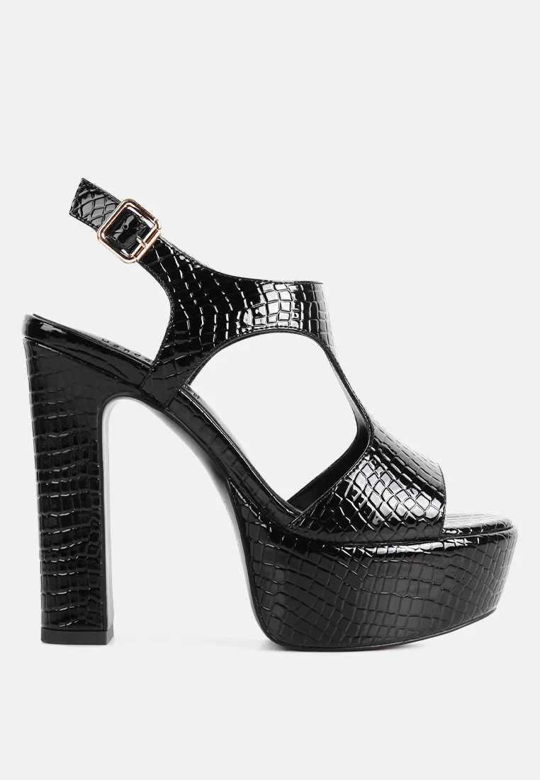 CROFT Croc High Heeled Cut Out Sandals in Black - Image 2