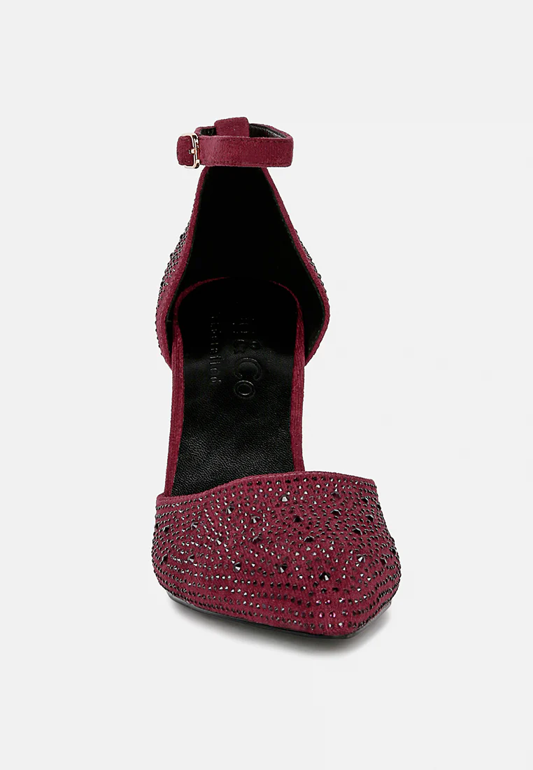 CULVER Rhinestone Embellished Block Heel Sandals in Burgundy - Image 3