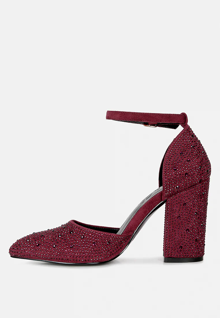 CULVER Rhinestone Embellished Block Heel Sandals in Burgundy - Image 4