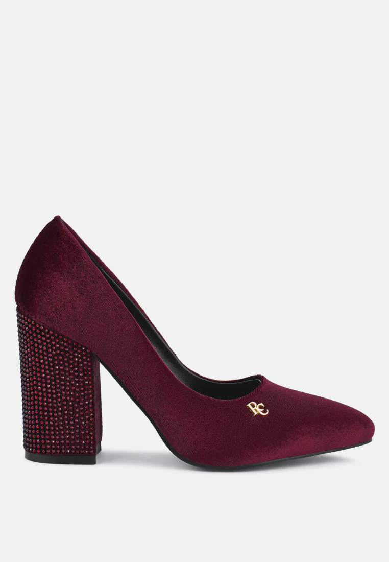 CYBER-GIRL Burgundy Rhinestone Block Heeled Pumps - Image 2
