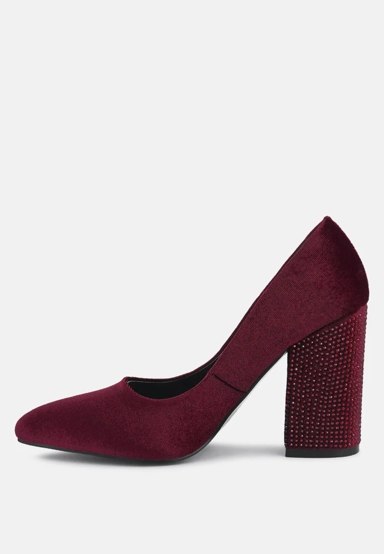 CYBER-GIRL Burgundy Rhinestone Block Heeled Pumps - Image 4