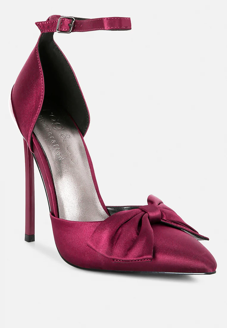 DINGLES Burgundy Bow Embellished Satin Stiletto Sandals - Image 2