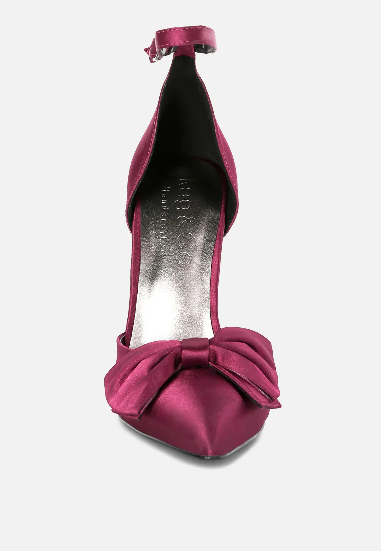 DINGLES Burgundy Bow Embellished Satin Stiletto Sandals - Image 3