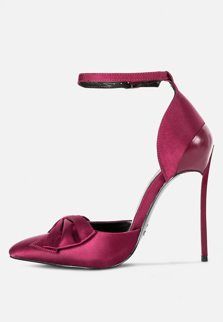 DINGLES Burgundy Bow Embellished Satin Stiletto Sandals - Image 4