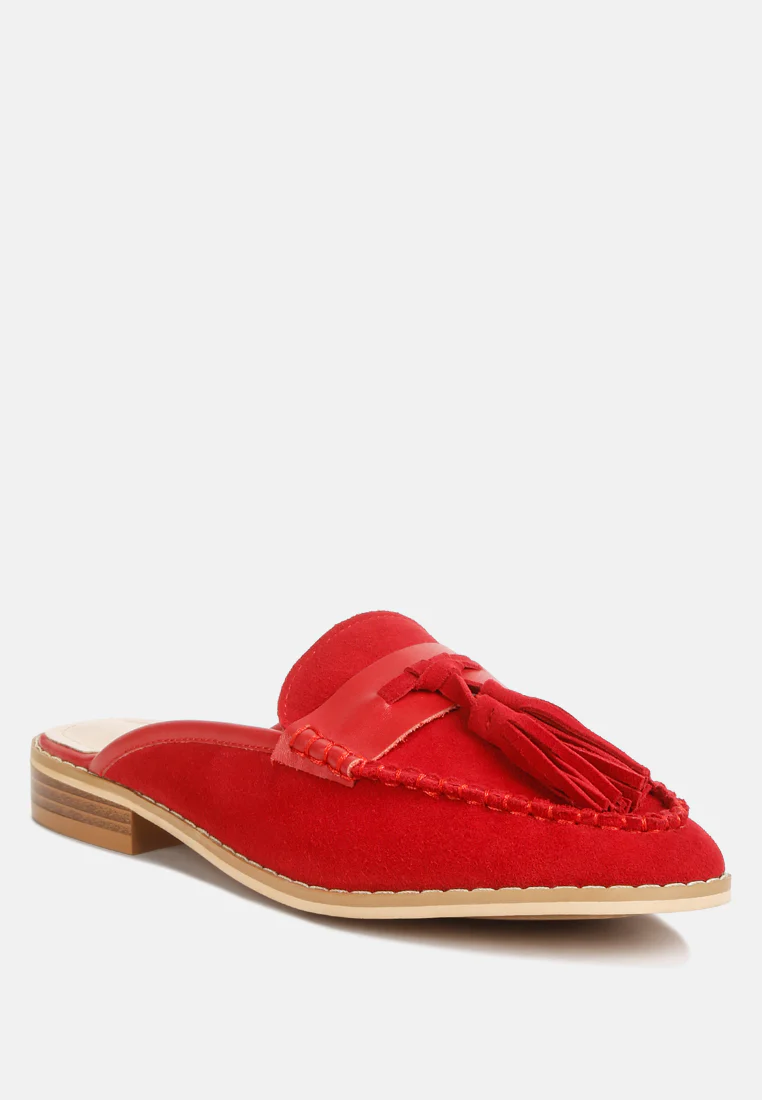 EDMANDA Tassle Detail Leather Mules in Red - Image 2
