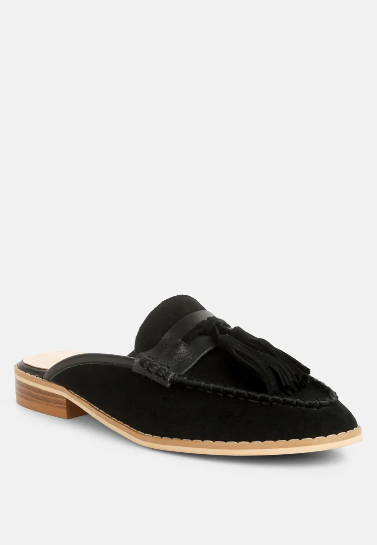 EDMANDA Tassle Detail Leather Mules in Black - Image 2