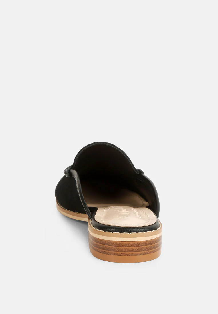 EDMANDA Tassle Detail Leather Mules in Black - Image 5