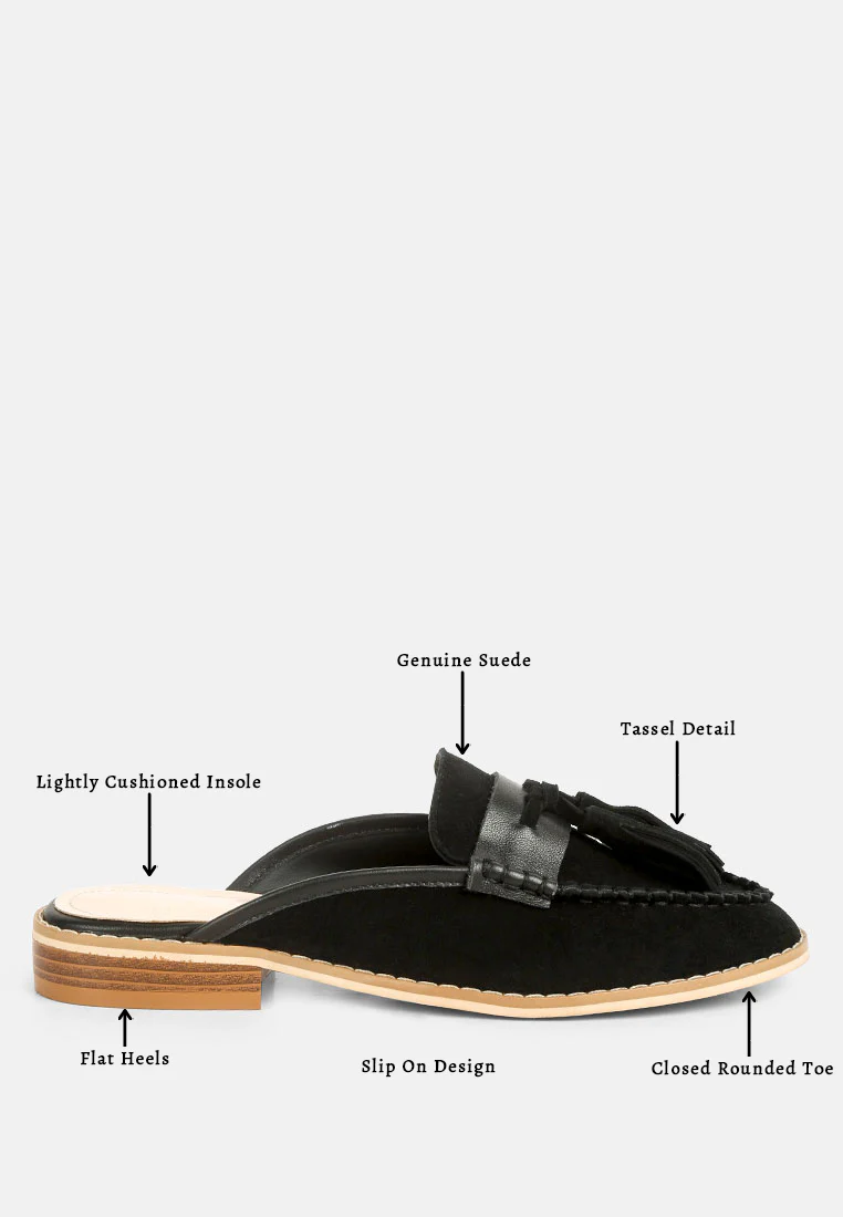 EDMANDA Tassle Detail Leather Mules in Black - Image 8