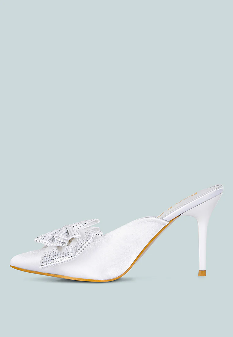 ELISDA White Embellished Bow High Heel Mules - Image 4