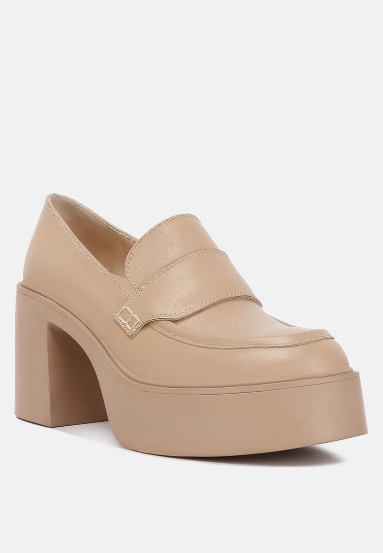 Elspeth Heeled Platform Leather Loafers in Sand - Image 2