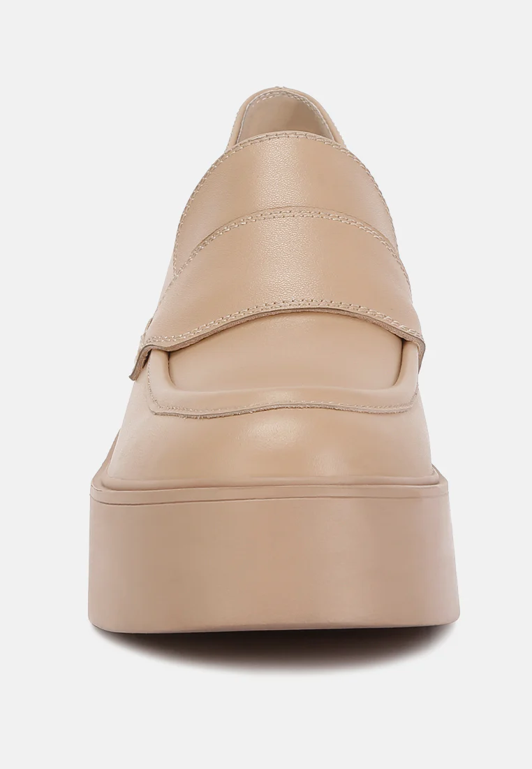 Elspeth Heeled Platform Leather Loafers in Sand - Image 3
