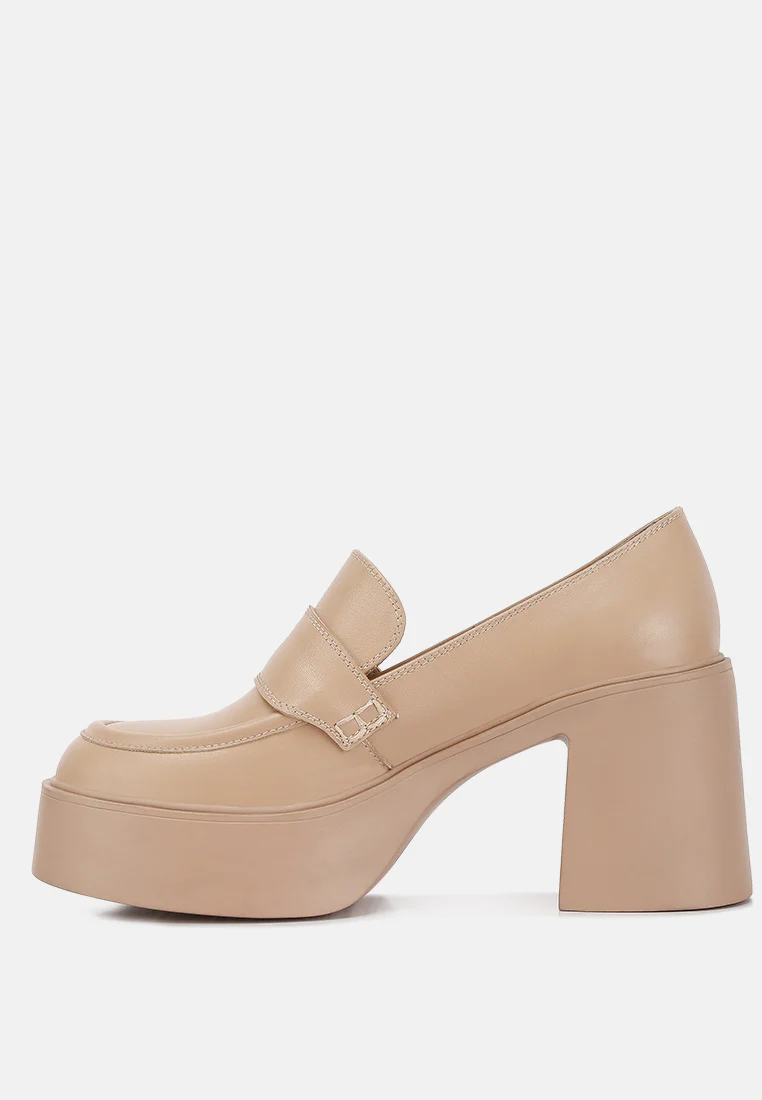 Elspeth Heeled Platform Leather Loafers in Sand - Image 4