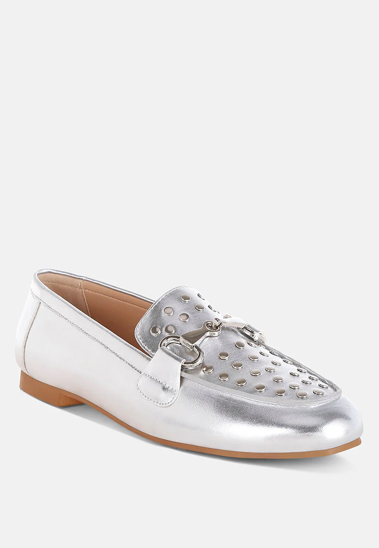 Estafa Horsebit & Studs Metallic Pleather Loafers - Image 2