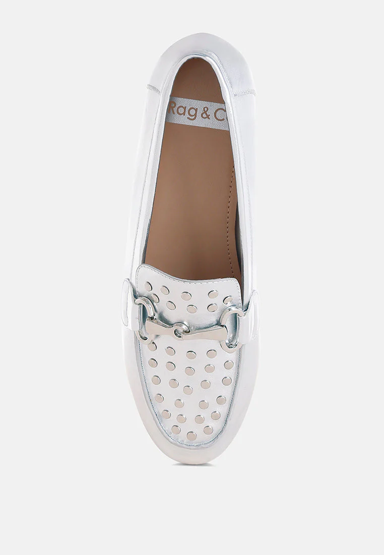 Estafa Horsebit & Studs Metallic Pleather Loafers - Image 4