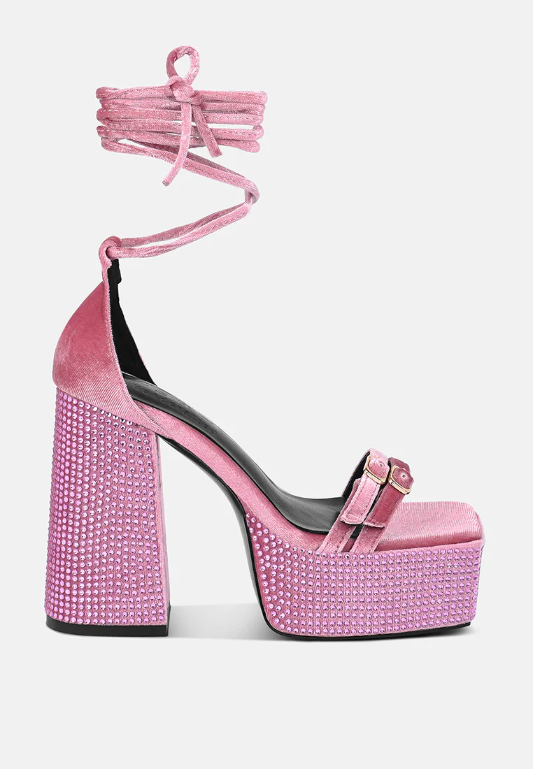 FIRECROWN Pink Rhinestone Platform High Block Sandals - Image 3
