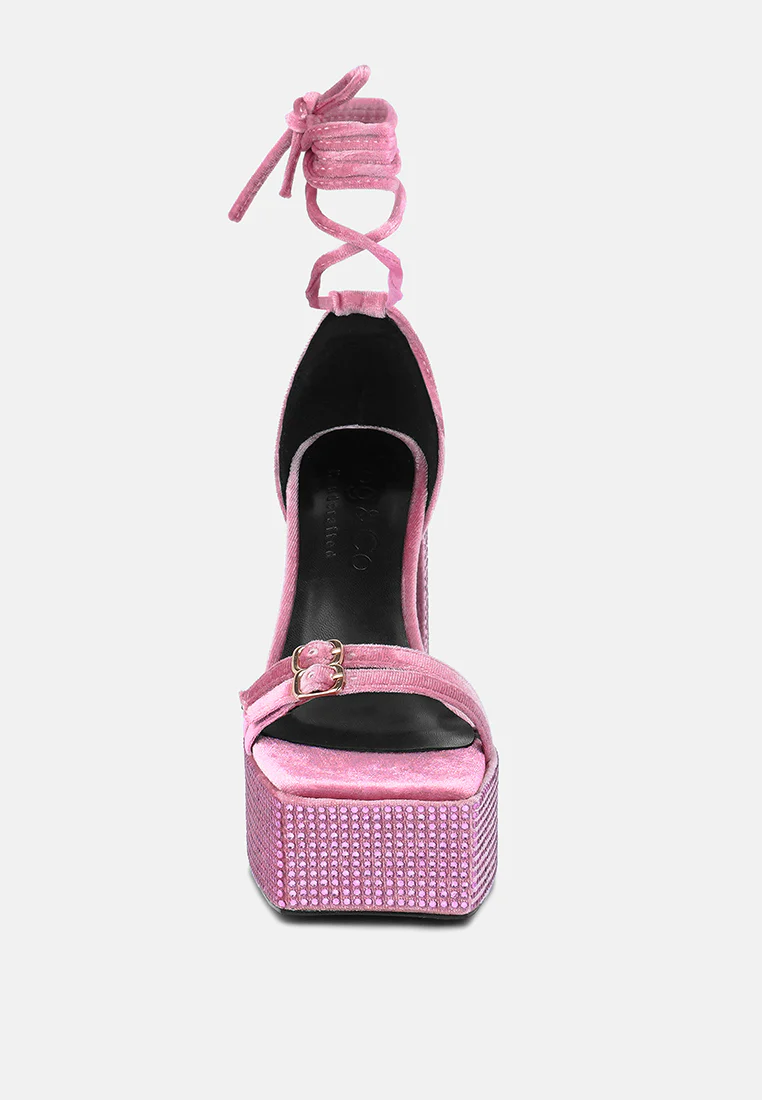 FIRECROWN Pink Rhinestone Platform High Block Sandals - Image 4