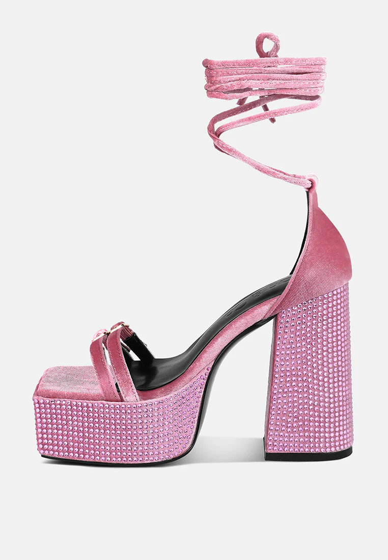 FIRECROWN Pink Rhinestone Platform High Block Sandals - Image 5
