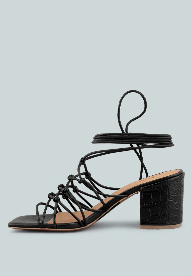 FONDA Croc Patterned Black Handcrafted Lace Up Sandal - Image 4