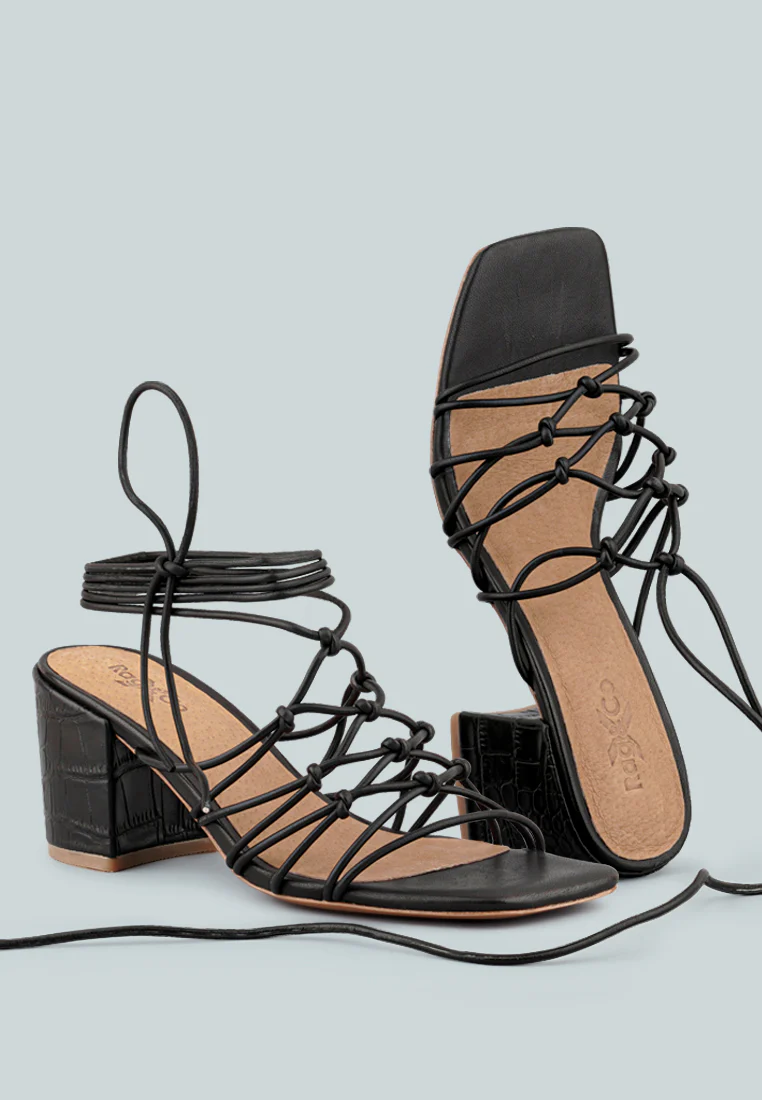 FONDA Croc Patterned Black Handcrafted Lace Up Sandal - Image 5