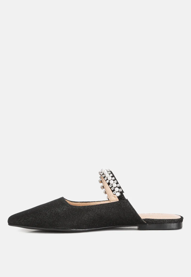 GEODE Pearl Embellished Slip On Mules in Black - Image 4