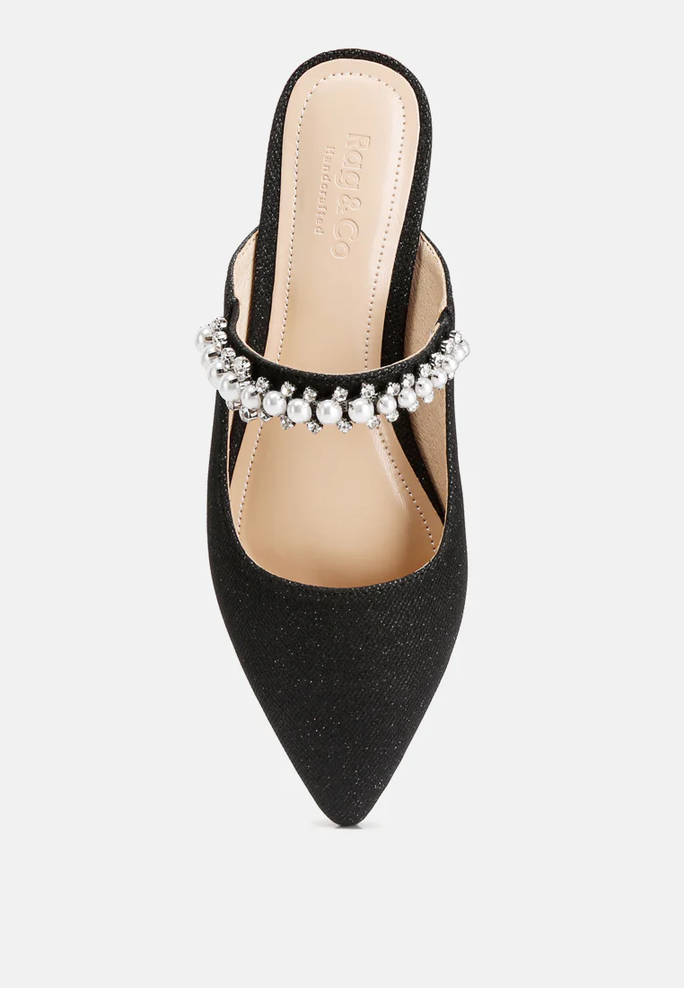GEODE Pearl Embellished Slip On Mules in Black - Image 6