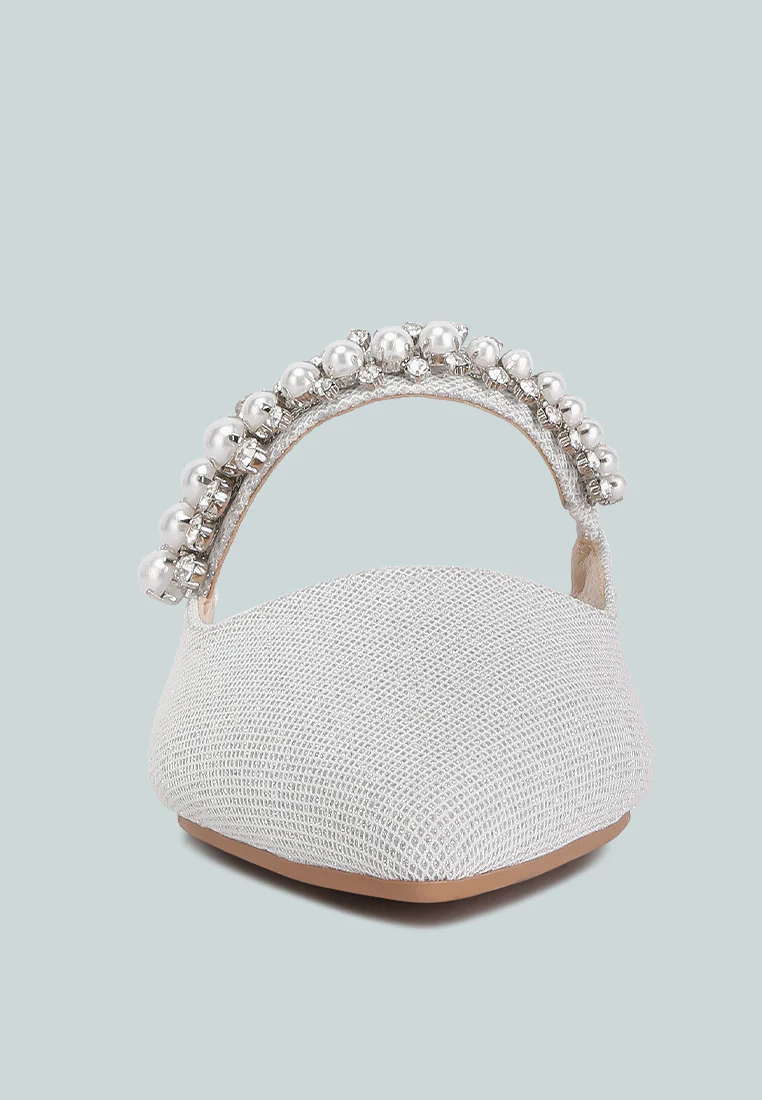 GEODE Pearl Embellished Slip On Mules In Silver - Image 3