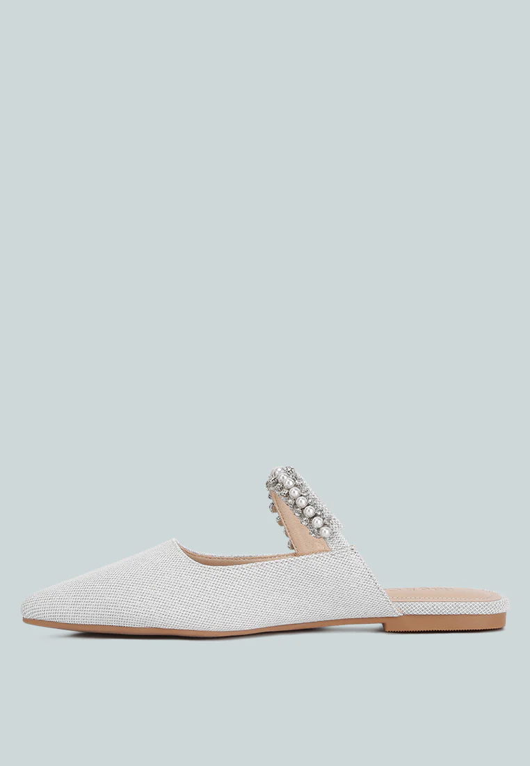 GEODE Pearl Embellished Slip On Mules In Silver - Image 4