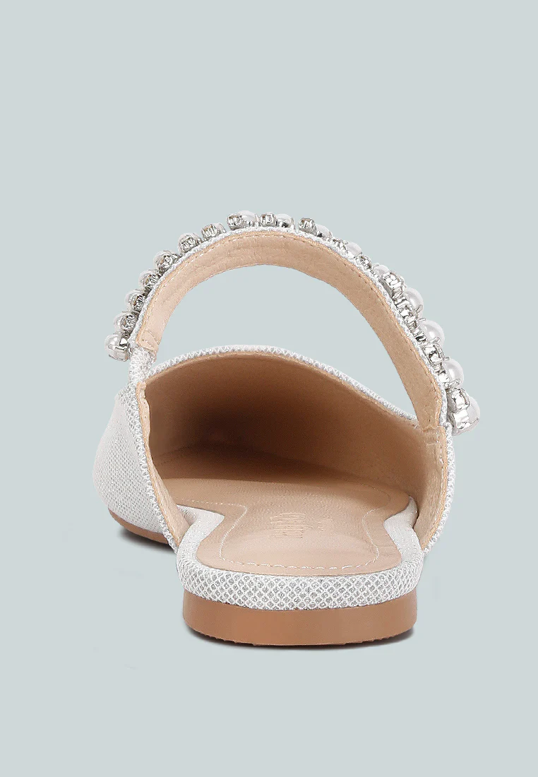 GEODE Pearl Embellished Slip On Mules In Silver - Image 5