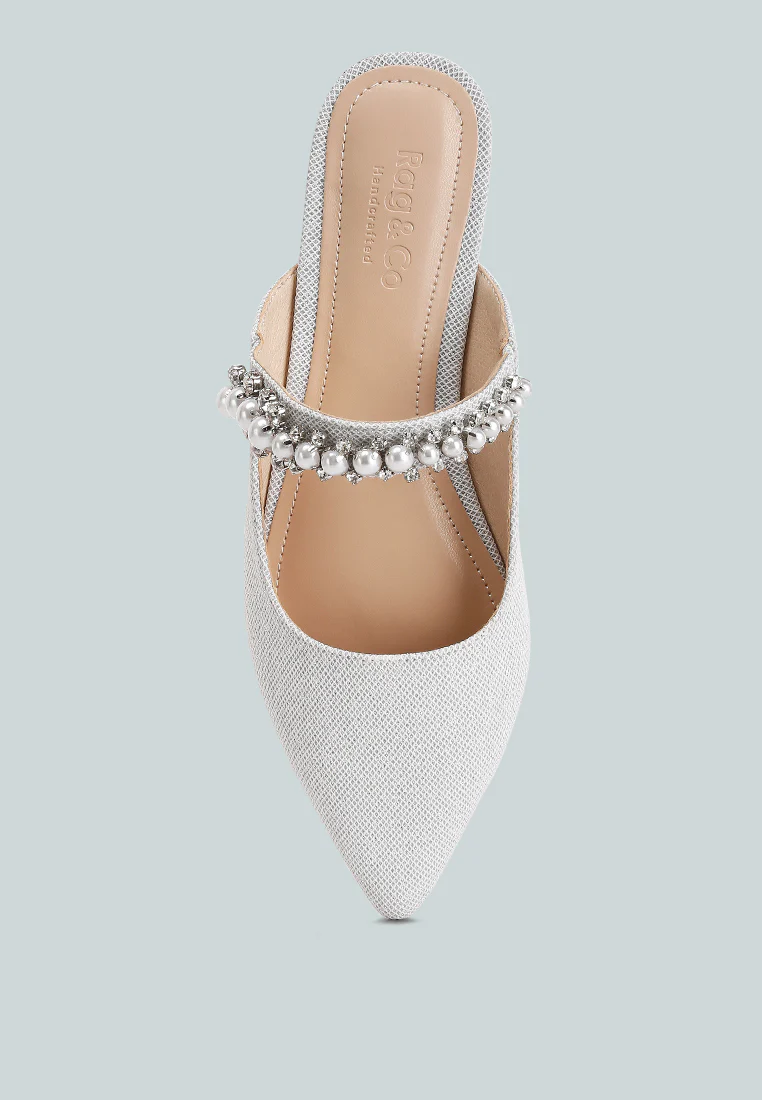 GEODE Pearl Embellished Slip On Mules In Silver - Image 6
