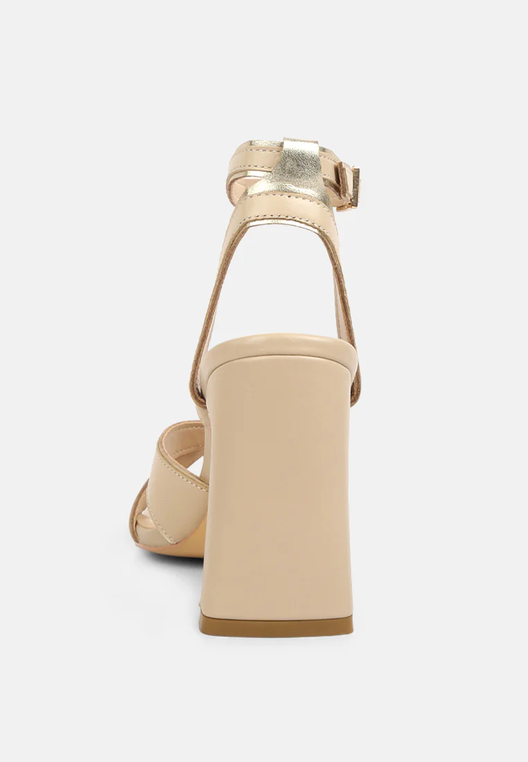 Heeri Beige Metallic Lined Slim Block Heel Sandals - Image 5