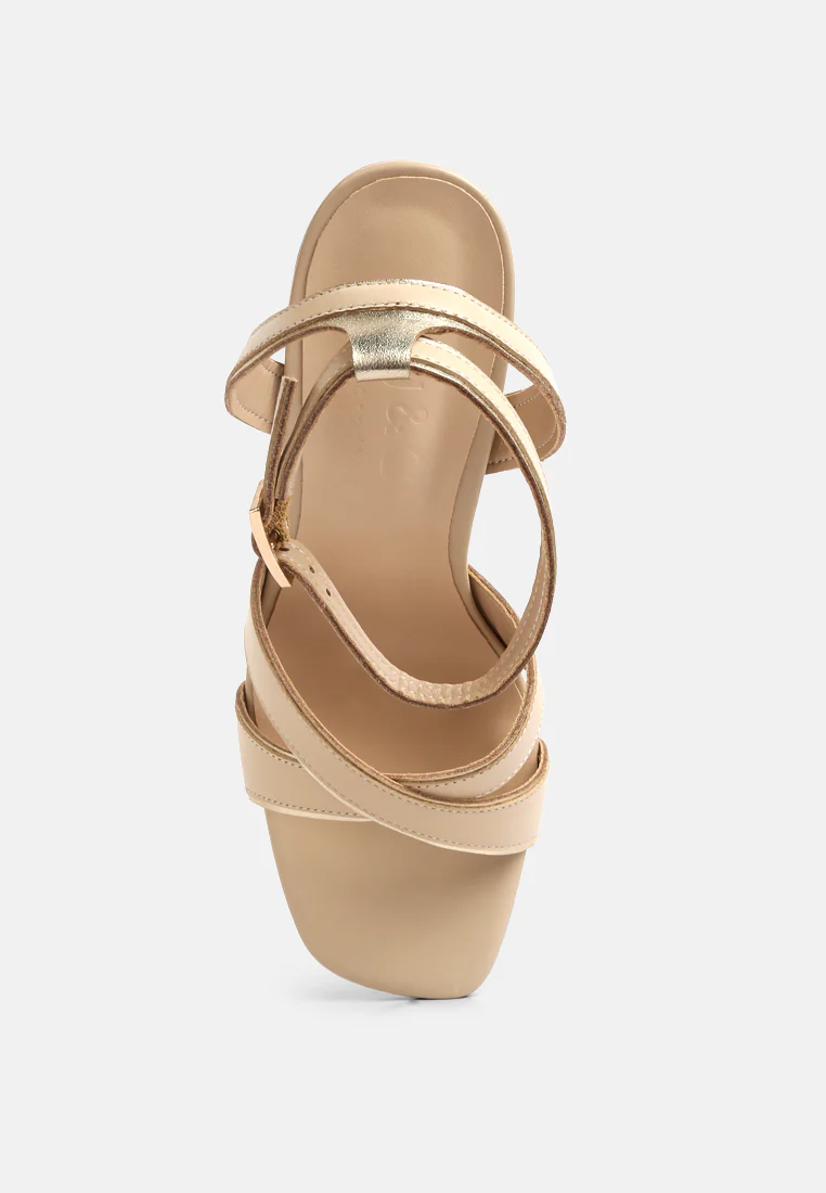 Heeri Beige Metallic Lined Slim Block Heel Sandals - Image 6