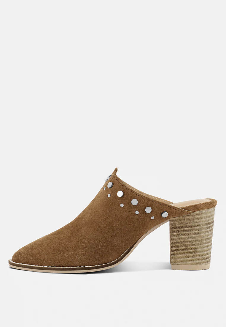 LESLIE Tan Stacked Heel Mules - Image 3