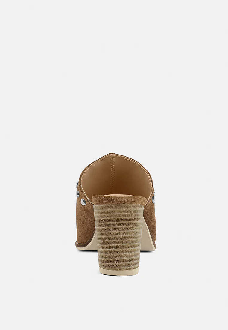LESLIE Tan Stacked Heel Mules - Image 5