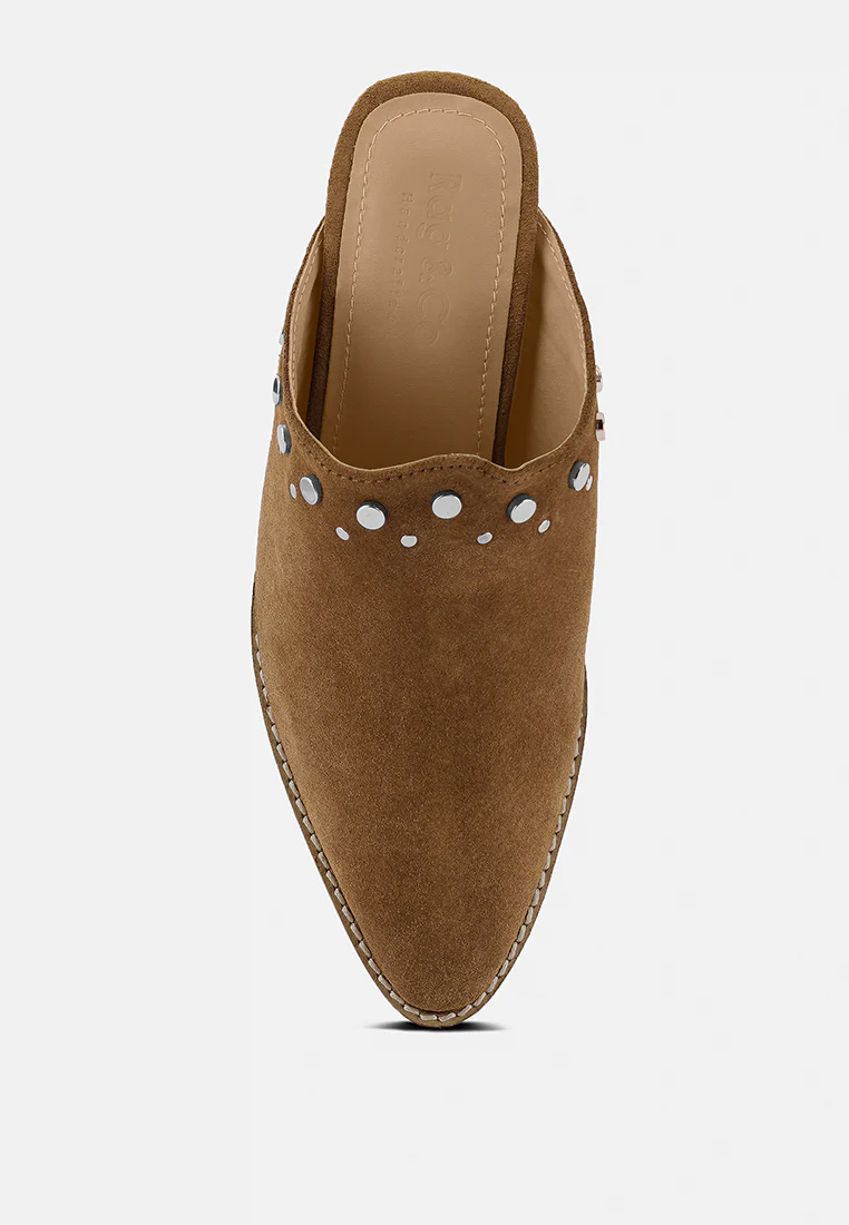LESLIE Tan Stacked Heel Mules - Image 6