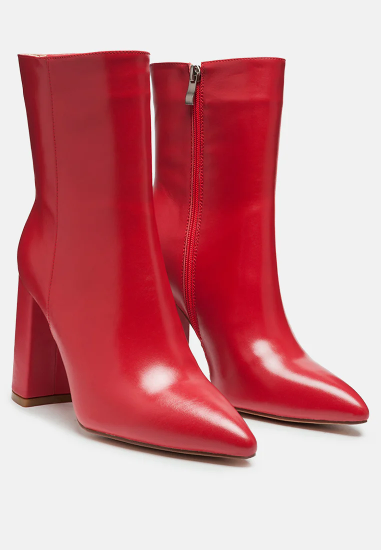 MARGEN Ankle High Pointed Toe Block Heeled Boot in Red - Image 2