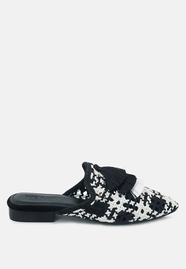 MARIANA Black Woven Flat Mules With Tassels - Image 2