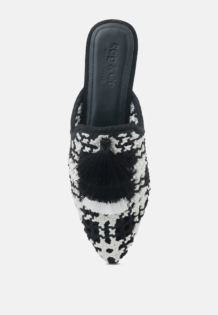 MARIANA Black Woven Flat Mules With Tassels - Image 6