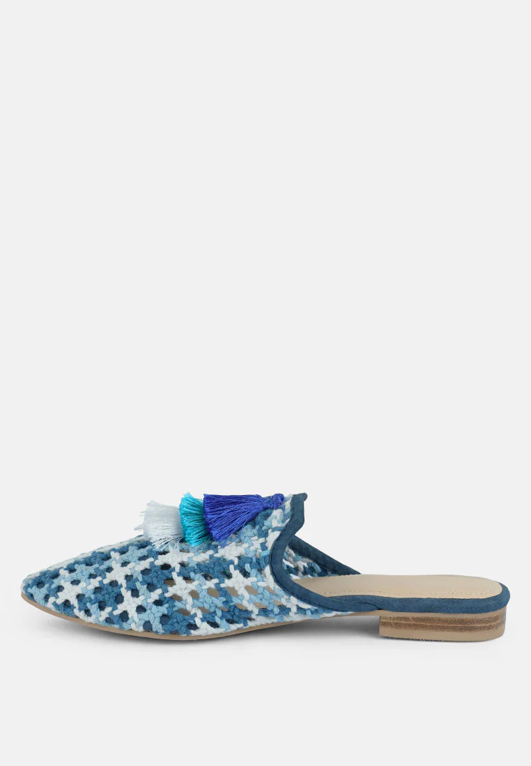 MARIANA Blue Woven Flat Mules With Tassels - Image 4