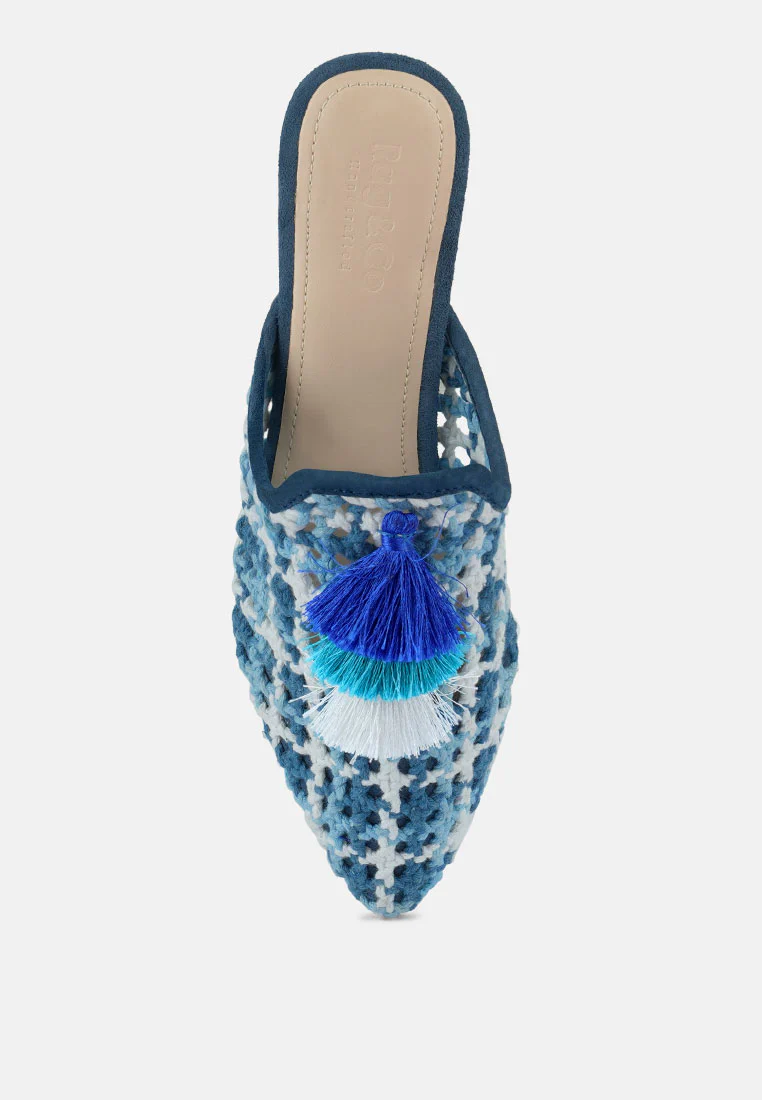 MARIANA Blue Woven Flat Mules With Tassels - Image 5